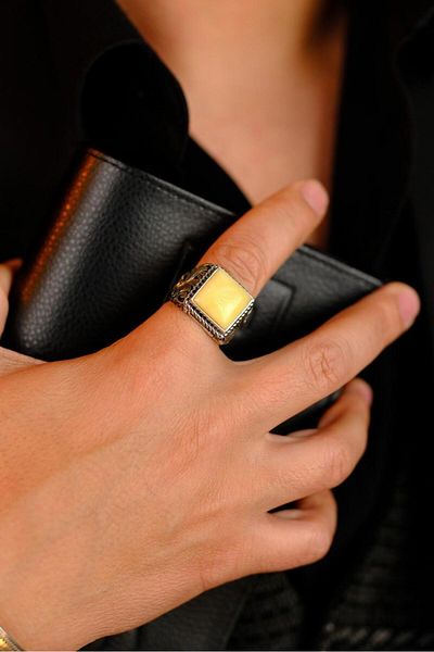 dergah tesbih Collectible Master Handcrafted Drop Amber Stone Silver Ring
