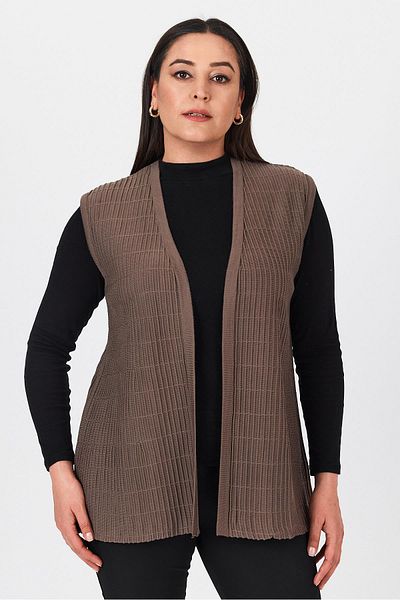 Uludağ Triko Women's Sand Ribbed Embroidered V-Neck Seasonal Knitwear Mom Summer Vest