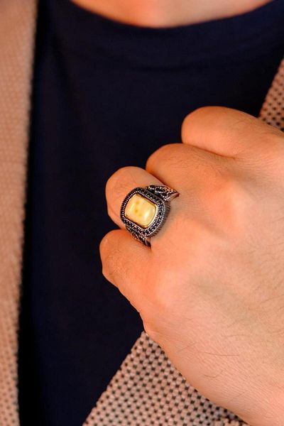 dergah tesbih Custom Made Drop Amber Design Silver Ring