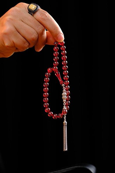 dergah tesbih Intense Silver Embroidered Sphere Model Crimping Amber Prayer Beads