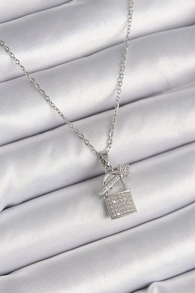 Skygo 316L Steel Silver Color Chain Zircon Stone Padlock Key Model Women's Necklace - Tj-Bko9586