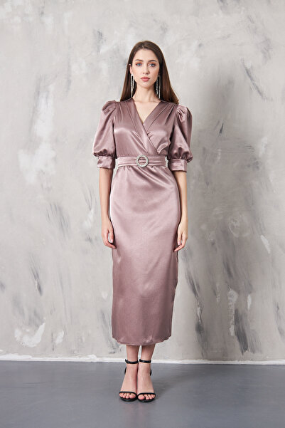 SEVGİHELLAÇ LAVİN kruvaze yaka kalem midi boy elbise