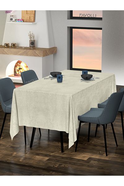 FAVOLLİ Velvet Textured Ecru Color Tablecloth