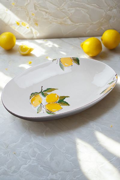 Manaferra Lemon Pattern Handmade Organic Oval Salad Bowl 35 cm