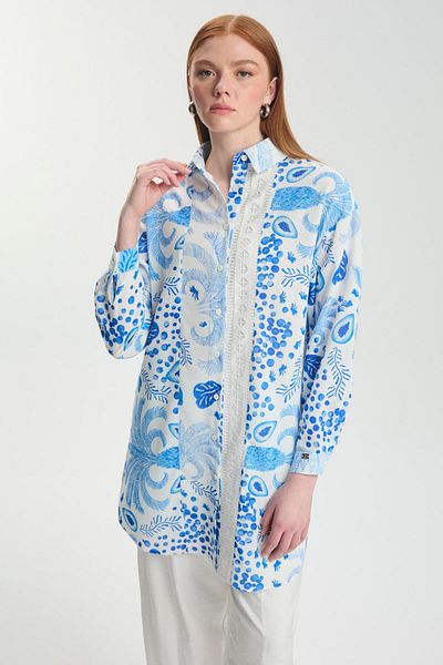 Zühre Patterned Stripe Detailed Blue Tunic T-1570