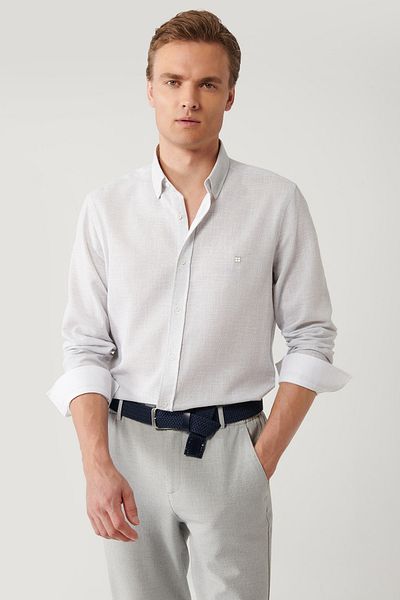Avva Men's Light Gray Buttoned Collar Cotton Textured Shirt A41Y2130