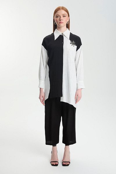 Zühre Striped Accessory Detailed Ecru Tunic T-1587