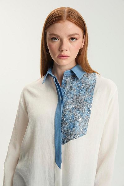 Zühre Flower Embroidered Ecru Tunic T-1559
