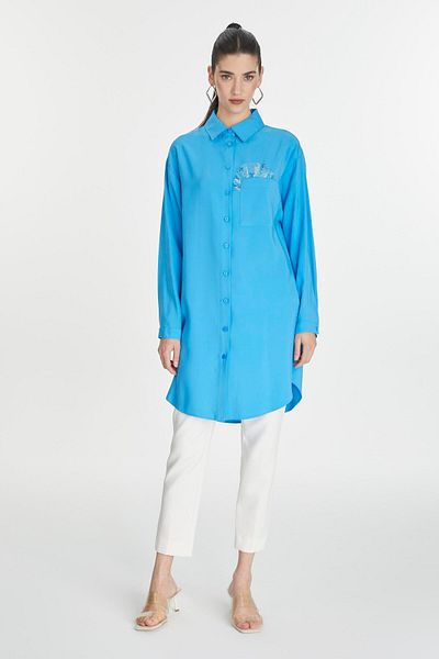 Zühre Shirt Collar Buttoned Pocket Detailed Turquoise Tunic T-1576