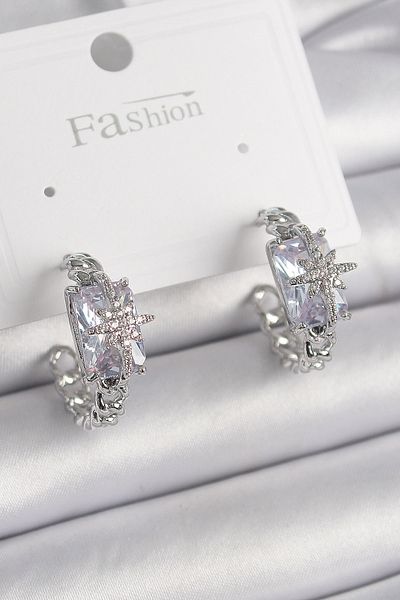 Skygo Brass Silver Color Zircon Stone Pole Star Processing Detail Women's Earrings - Tj-Bkp9857