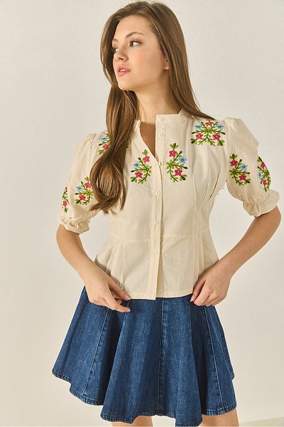 Bianco Lucci Cămașă de in pentru femei, cu broderie florală, cu mâneci elastice, 307 60283306