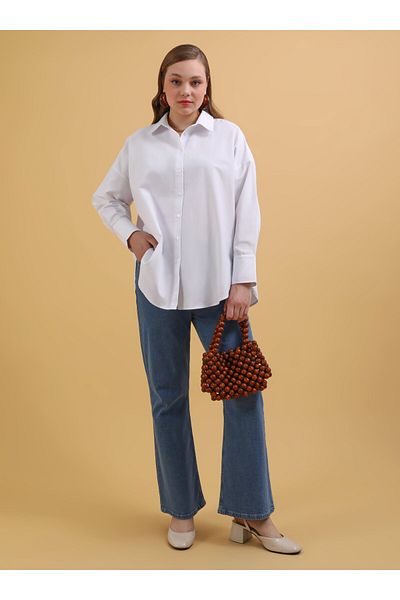 ALİA Cotton Plus Size Poplin Shirt - White - Alia
