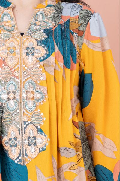 IKKXA Embroidered Leaf Blossom Jalabiya
