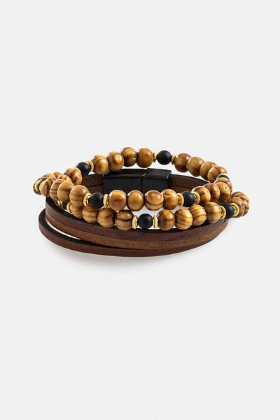 Avva Men's Brown 100% Leather and Stone 2-Piece Bracelet A32y9613