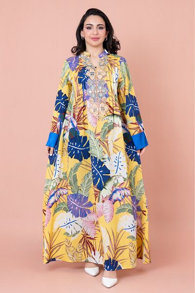 IKKXA Embroidered Leaf Blossom Jalabiya