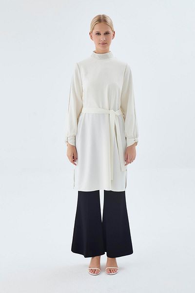 Zühre Collar and Sleeve Stone Detailed Belted Ecru Tunic T-1551