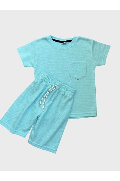 ALİŞ KİDS Costum pentru băiat, din bumbac, albastru, cu buzunare, cu mânecă scurtă, cu șnur, cu pantaloni scurți de vară