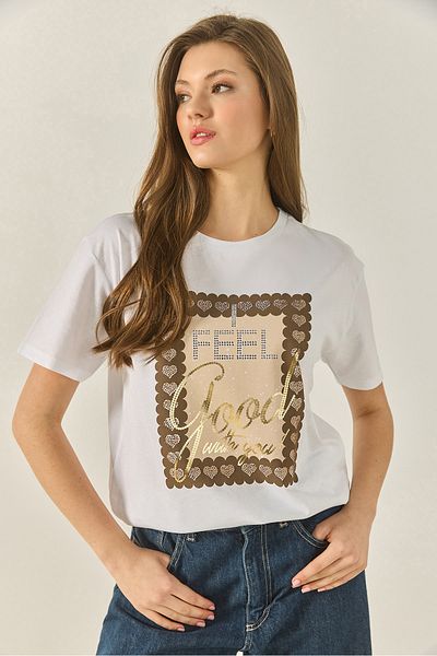 Bianco Lucci Women's Foil Printed Stone Detailed Short Sleeve Crew Neck Cotton T-Shirt 60283309