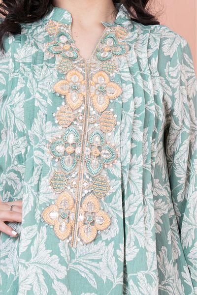 IKKXA Embroidered Leaf Print Jalabiya