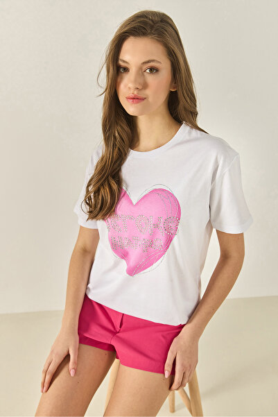 Bianco Lucci Γυναικείο μπλουζάκι από βαμβακερό κανονικό σχέδιο με πέτρα με στάμπα καρδιάς 8133 60283303