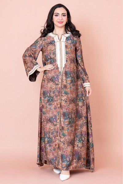 IKKXA Embroidered Floral Print Jalabiya
