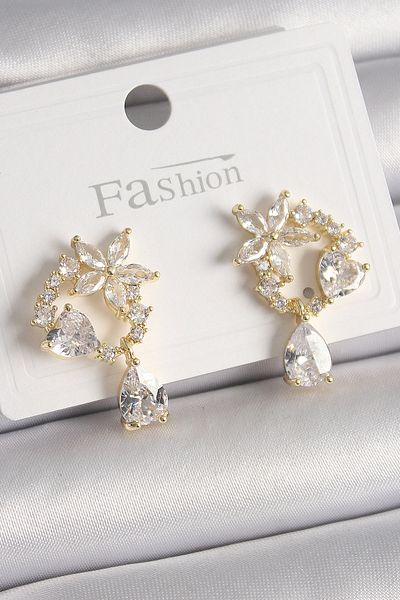 Skygo Brass Gold Color Zircon Stone Flower Model Dangle Drop Detail Women's Earrings - Tj-Bkp9911