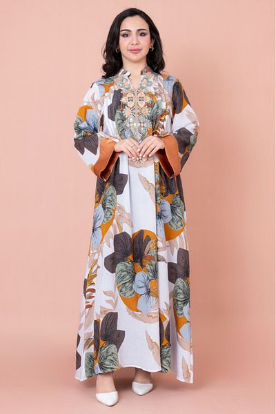 IKKXA Embroidered Leaf Blossom Jalabiya