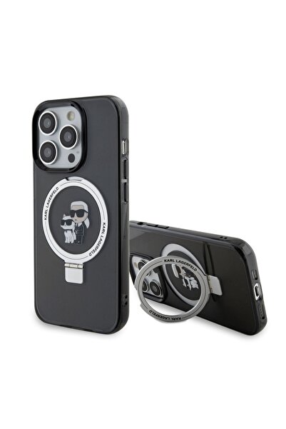 Karl Lagerfeld Husă pentru iPhone 15 Pro, Husă rigidă cu inel și suport MagSafe, Karl Lagerfeld - Negru