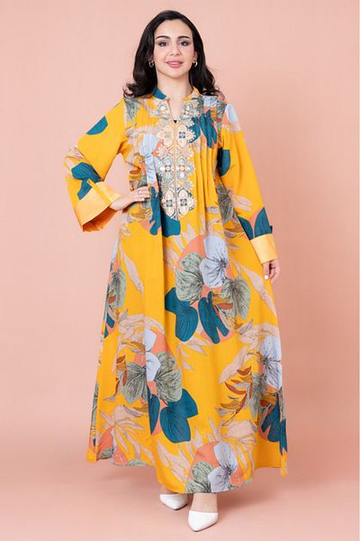 IKKXA Embroidered Leaf Blossom Jalabiya