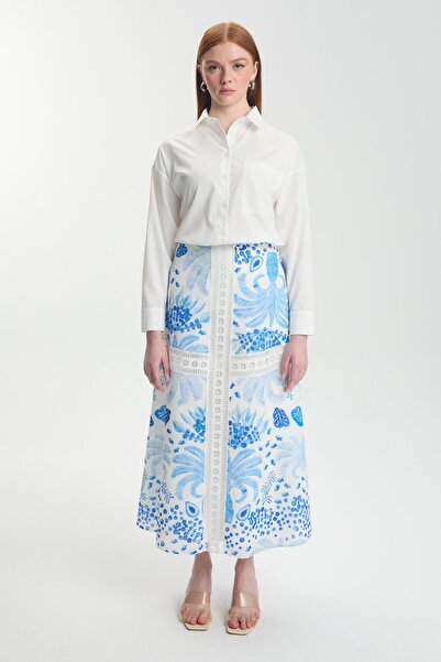 Zühre Şerit Detaylı Desenli Mavi Etek ETK-0187