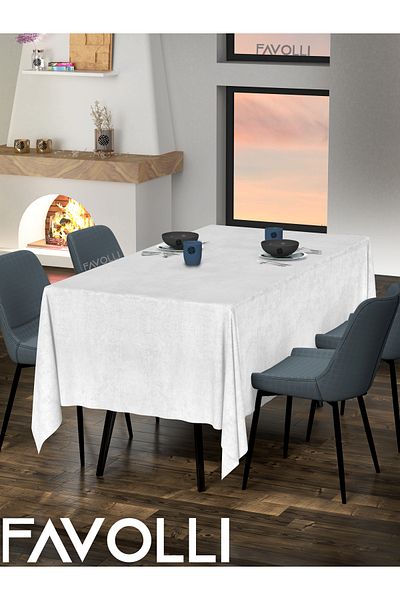 FAVOLLİ Velvet Textured White Color Tablecloth
