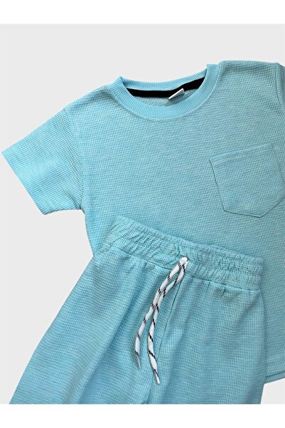 ALİŞ KİDS Αγόρια από βαμβακερό μπλε ύφασμα βάφλα με τσέπες με κορδόνι στη μέση κοντομάνικο καλοκαιρινό σορτς