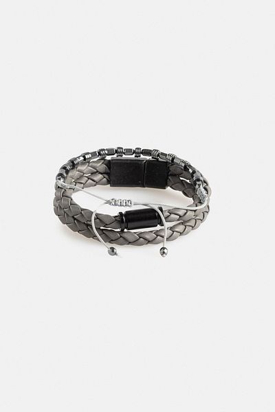 Avva Men's Gray Leather Look and Hematite Stone 2-Piece Bracelet A32y9606
