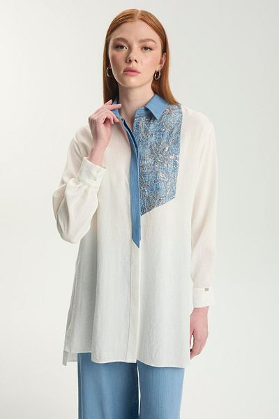 Zühre Flower Embroidered Ecru Tunic T-1559
