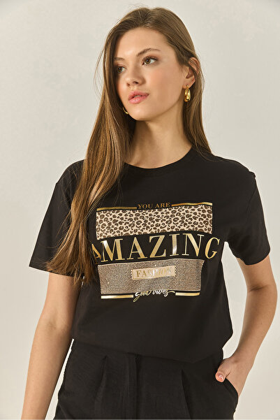 Bianco Lucci Dámské bavlněné tričko s potištěným kamenem Regular Fit 8136 60283302