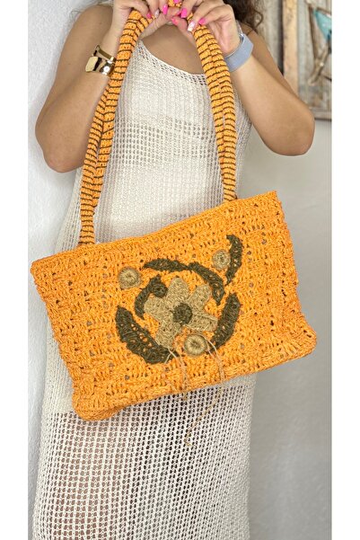 Tuvita Collection Bodrum Tamamen kağıt ip el işçiliği önü çiçek süslemeli içi astarlı kadın turuncu kol omuz çantası