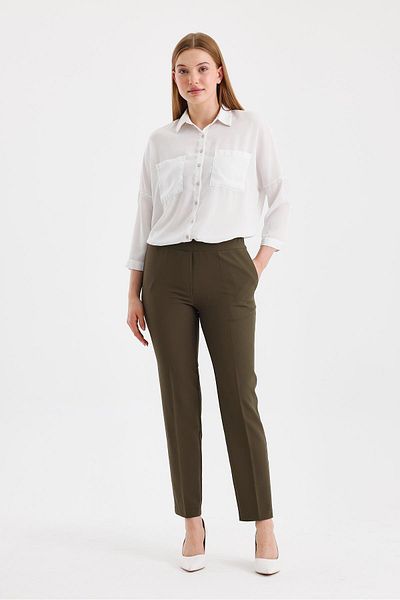 Zühre Narrow Leg Elastic Waist Khaki Fabric Trousers P-0148