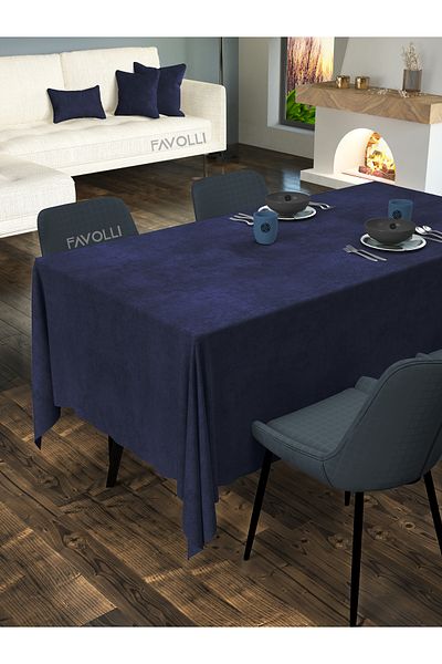 FAVOLLİ Velvet Textured Navy Blue Color Tablecloth