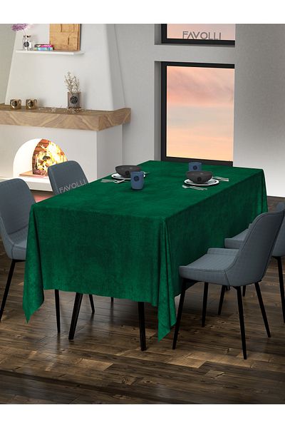 FAVOLLİ Velvet Textured Emerald Tablecloth