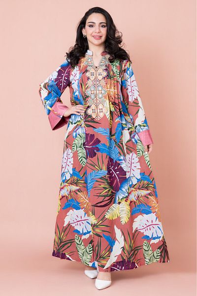 IKKXA Embroidered Leaf Blossom Jalabiya
