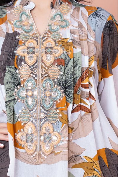 IKKXA Embroidered Leaf Blossom Jalabiya