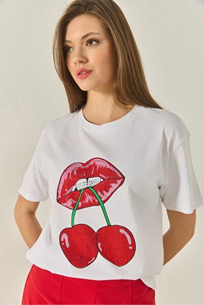 Bianco Lucci Γυναικείο T-Shirt Cherry Lips με στάμπα πέτρα με λεπτομέρεια κανονική εφαρμογή 4137 60283298