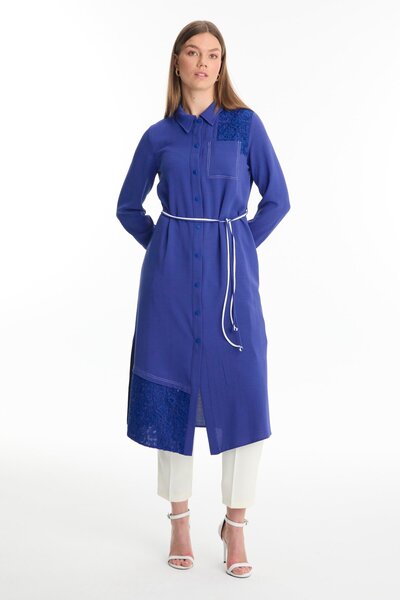 Zühre Shirt Collar Lace Detailed Long Violet Tunic T-1451