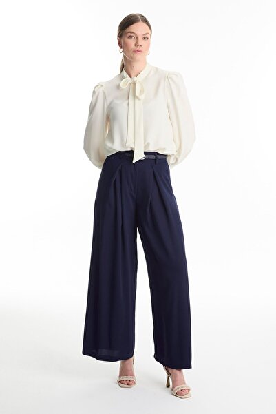 Zühre Pile Detailed Belted Navy Blue Trousers P-0222
