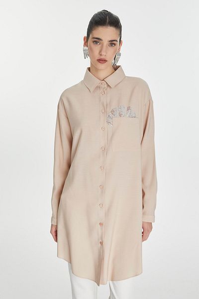 Zühre Shirt Collar Buttoned Pocket Detailed Beige Tunic T-1576