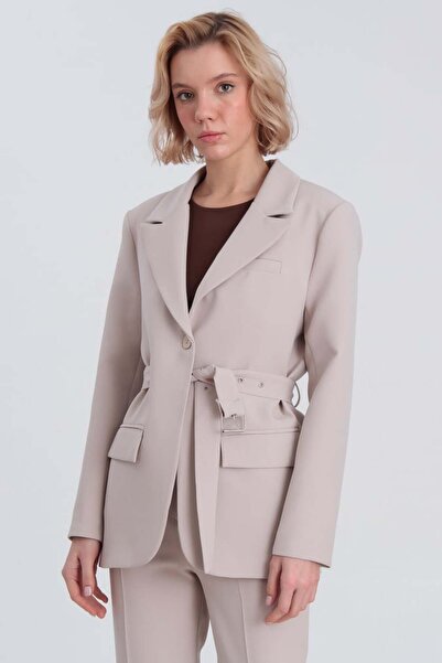 çınarr butikk Kemerli Astarlı Double Kalın Kumaş Blazer Ceket TAŞ