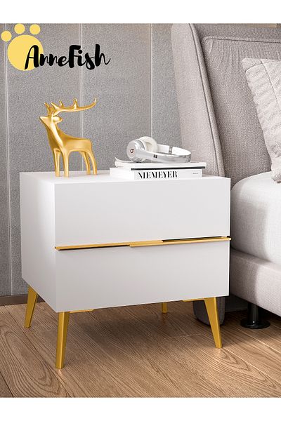 AnneFish Nightstand Luxury Home Bedside Table 2 Drawers Gold Side End Service Table for Bedroom Living Room
