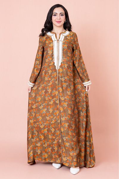 IKKXA Embroidered Floral Print Jalabiya