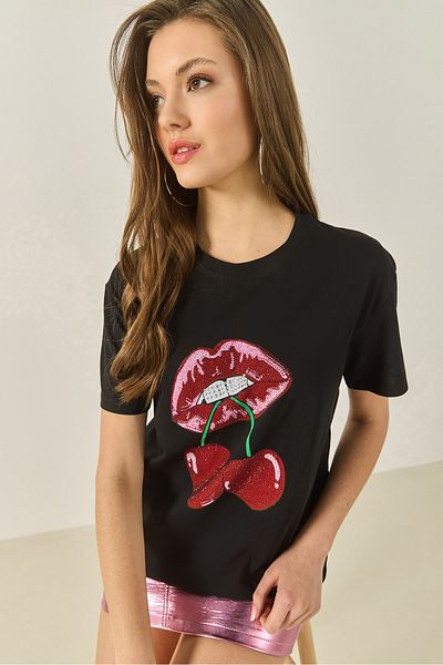 Bianco Lucci Women's Cherry Lips Printed Stone Detailed Regular Fit T-Shirt 4137 60283298
