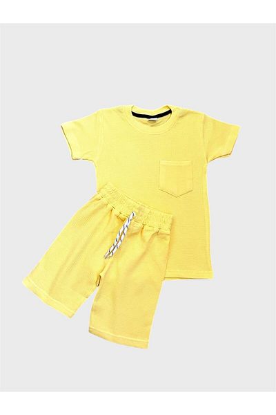 ALİŞ KİDS Boys' Cotton Yellow Waffle Fabric Pocket Waist Drawstring Short Sleeve Summer Shorts Suit